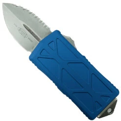 Microtech Blue Exocet OTF Auto Knife, Fully Serrated Dagger Blade