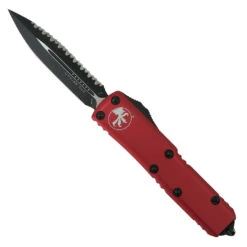 Microtech Red UTX-85 OTF Auto Knife, Full Serrated Black Dagger Blade