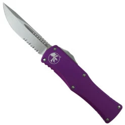 Microtech Violet Hera OTF Knife, Stonewash Part Serrated Blade
